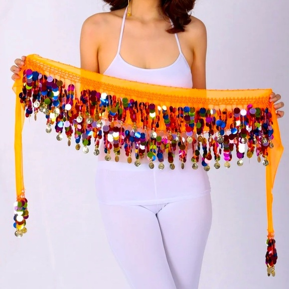 Hip Scarf Skirt Sequin Embroidered Costume Orange Belly Dance Skirt Costplay - Picture 4 of 8